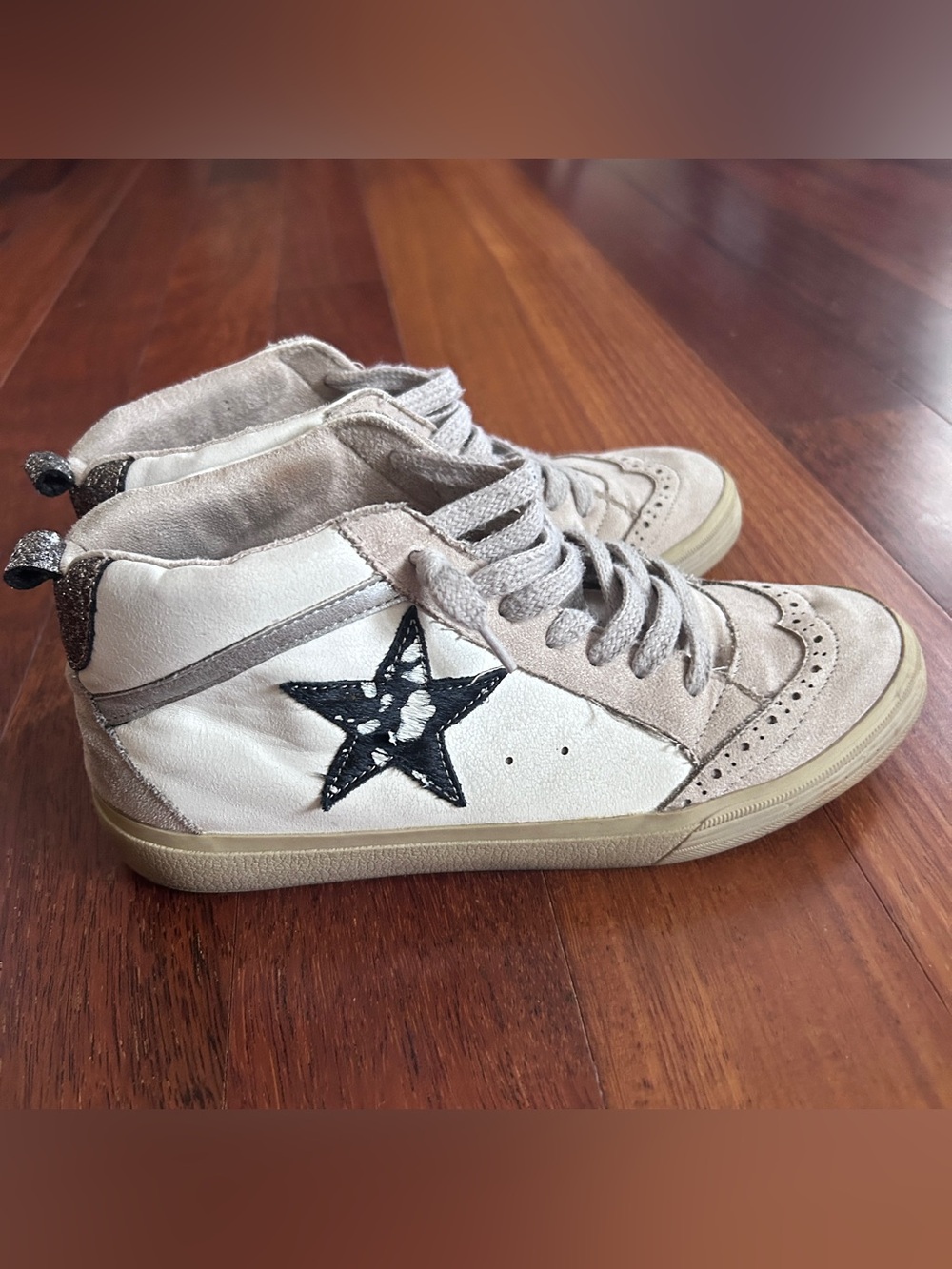 Women’s SHUSHOP High-Top Star Sneakers in White and Taupe